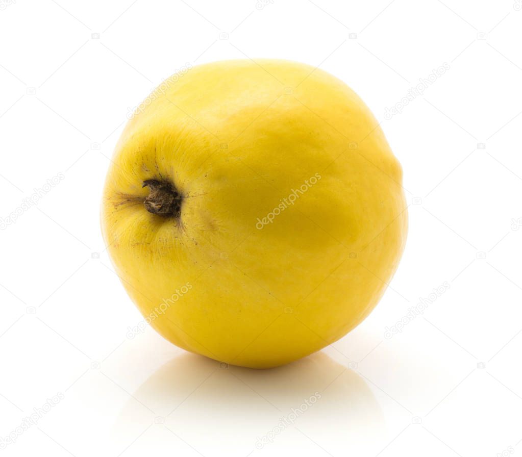 One yellow quince isolated on white background raw ripe
