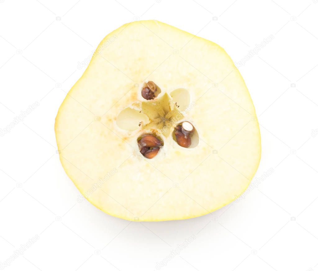 Sliced quince half top view isolated on white background ripe raw fresh cross section with seeds