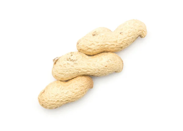 Três Amendoins Sem Casca Vista Superior Isolado Backgroun Branco — Fotografia de Stock