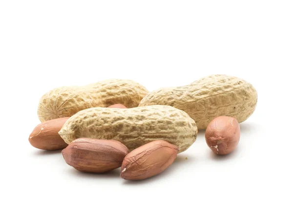 Four Shelled Peanuts Husk Three Unshelled Nuts Isolated White Backgroun Royalty Free Stock Photos
