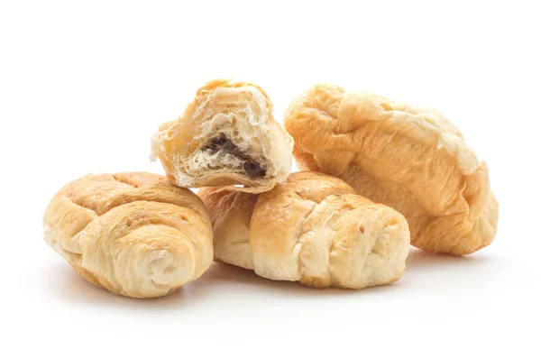 Drie Gebakken Croissants Cornetto Met Één Helft Gevuld Met Chocolade — Stockfoto