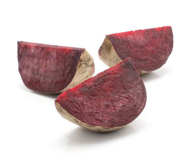 Three beetroot slices (raw red beet) isolated on white backgroun