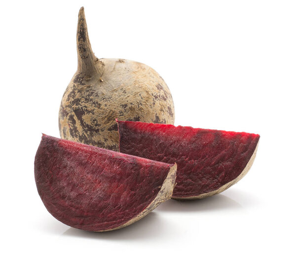 Beetroot (raw red beet) one bulb and two slices isolated on white backgroun