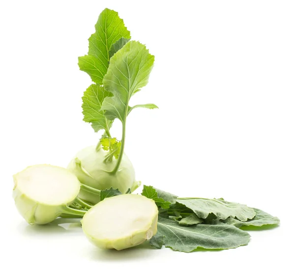 Kohlrabi Kohlrabi Eine Knolle Und Zwei Scheiben Geschnittene Hälften Mit — Stockfoto