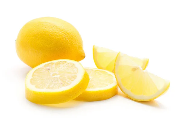 Citron Sada Jeden Celý Žlutý Dva Kroužky Dva Plátky Izolovaných — Stock fotografie