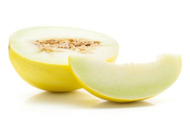 Bir sarı honeydew kavun yarısı beyaz adam izole tohumları, bir dilim Çekirdeksiz, ile