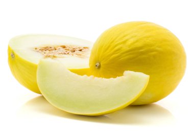 Sarı honeydew kavun, bir yarım tohumlar, bir dilim Çekirdeksiz, beyaz adam üzerinde izole