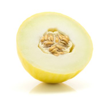 Sarı honeydew yarısı tohumları ile beyaz adam izole kavun