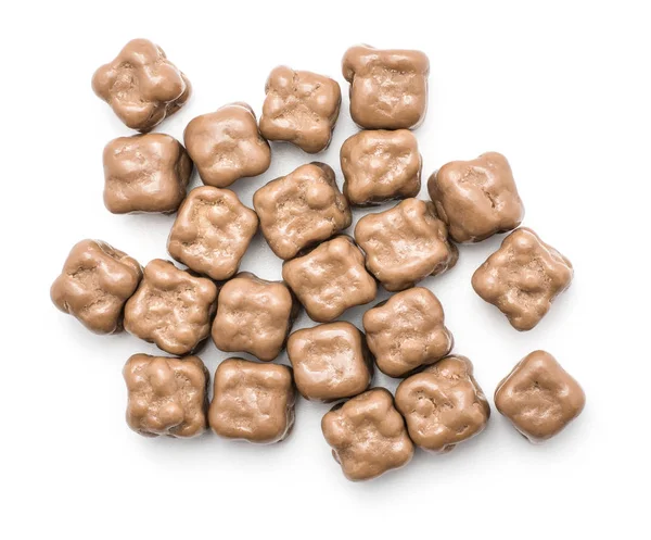 Melk Chocolade Cocos Blokjes Stapelen Bovenaanzicht Geïsoleerd Een Witte Pagina — Stockfoto