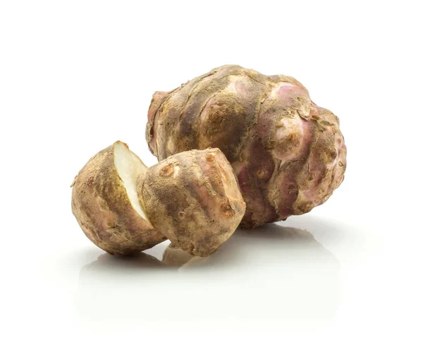 Two Jerusalem Artichokes One Sliced Two Halves Isolated White Background — Stock Photo, Image