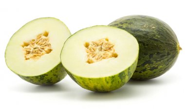 Melons Piel de Sapo (Santa Claus Christmas variety) isolated on white background green striped outer rind one whole and one cut in two halves with seed clipart