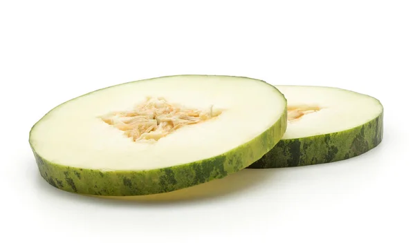 Melón Rodajas Piel Sapo Dos Rebanadas Redondas Variedad Navideña Santa — Foto de Stock