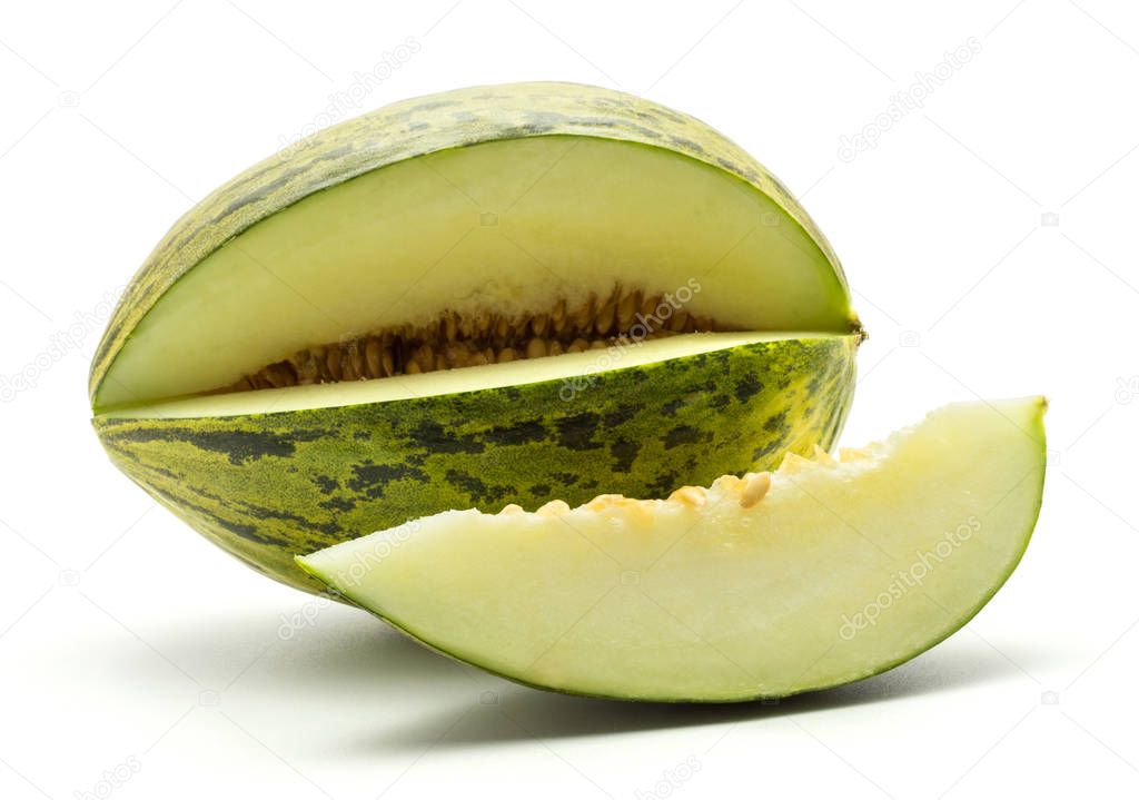 One melon Piel de Sapo cut open with a slice (Santa Claus Christmas variety) isolated on white background green striped outer rind with seed