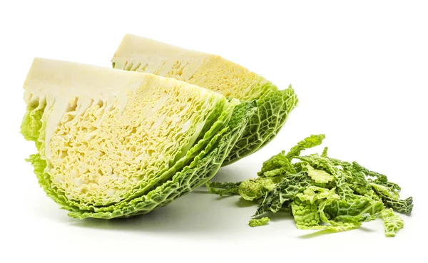 Two Savoy Cabbage Quarters Chopped Leaves Stack Isolated White Background — Φωτογραφία Αρχείου