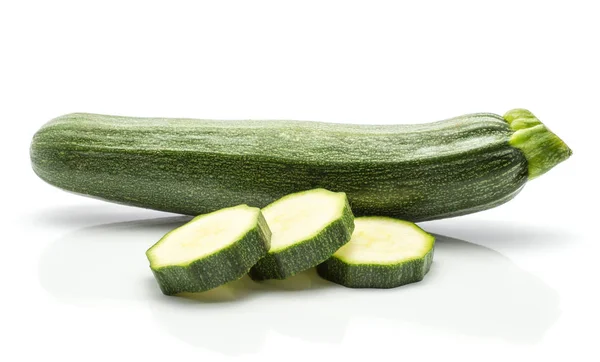 One Green Zucchini Three Slices Isolated White Background Long Raw Stock Photo