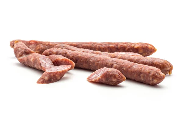 Three Hungarian Dry Sausages Pepperoni Cut Pieces Isolated White Background — Stock Photo, Image