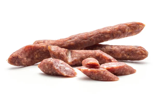 Szeletelt Száraz Kolbász Pepperoni Elszigetelt Fehér Background Füstölt Sertéshús Vegyes — Stock Fotó