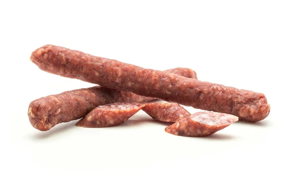 Two Hungarian Dry Sausages Pepperoni Three Cut Pieces Isolated White — Stock Photo, Image