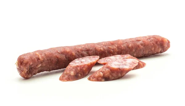 Salame Ungherese Salsiccia Secca Salame Con Tre Pezzi Tagliati Isolati — Foto Stock