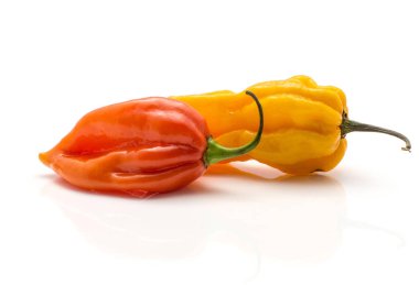 Beyaz arka plan sarı turuncu acı biber izole iki Habanero biber