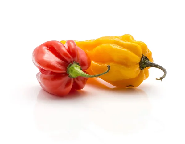 Två Habanero Chili Gula Och Röda Varm Paprika Isolerad Vita — Stockfoto