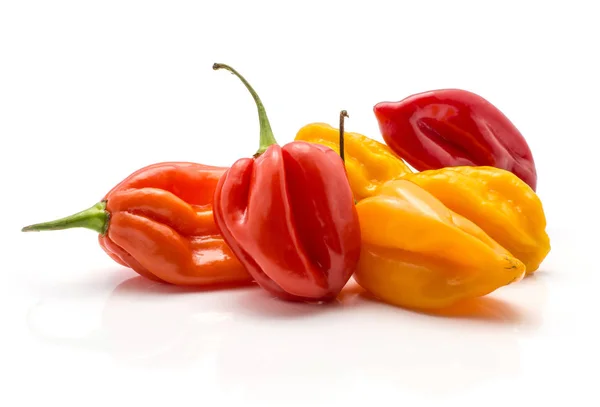 Habanero Chili Gul Orange Röd Varm Paprika Stapla Isolerade Vita — Stockfoto