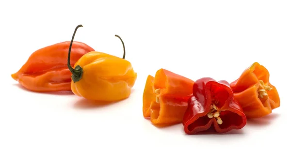 Three Habanero Chili Halves Two Orange One Red Two Hot — Stock Photo, Image
