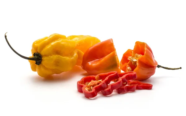 Two Habanero Chili Yellow Orange Chopped Slices Isolated White Background — Stock Photo, Image