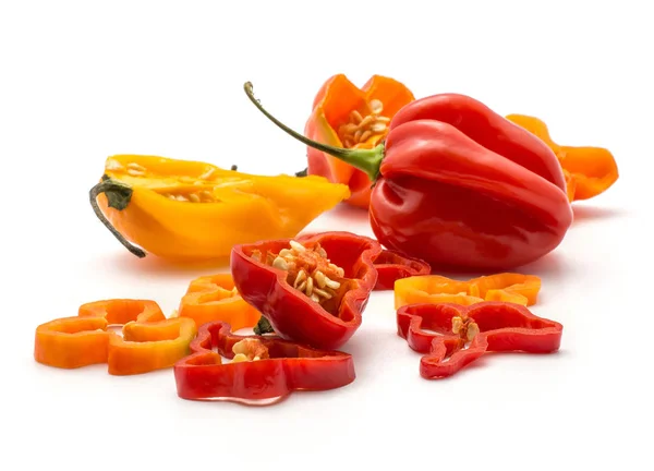 Habanero Peperoncino Colorato Stack Rosso Arancio Intere Metà Fette Peperoncino — Foto Stock