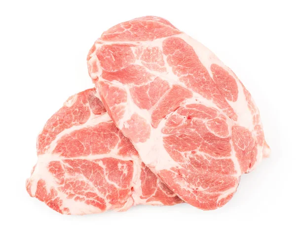 Carne Maiale Cruda Tagli Vista Dall Alto Isolato Sfondo Bianco — Foto Stock