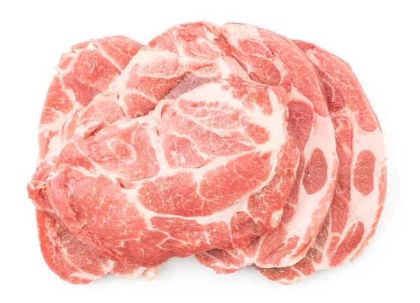 Carne Maiale Cruda Tagli Vista Dall Alto Isolato Sfondo Bianco — Foto Stock