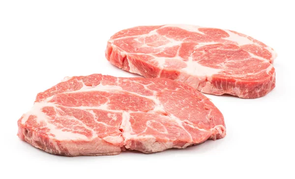 Dois Cortes Carne Crua Pescoço Porco Isolado Fundo Branco Fatias — Fotografia de Stock