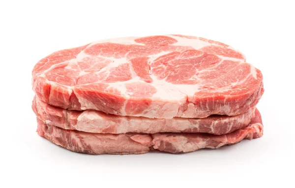 Сырая Свинина Шея Мяса Разрезы Изолированы Белом Фоне Свежие Три — стоковое фото