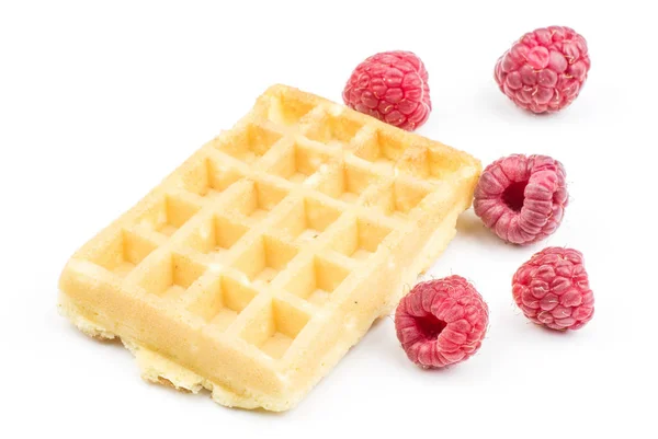 Hagyományos Waffle Belga Friss Piros Málna Elszigetelt Fehér Background Egy — Stock Fotó