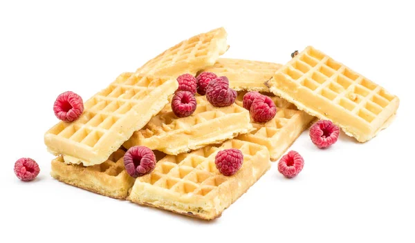 Traditional Waffle Belgian Stack Fresh Red Raspberries Isolated White Background — Stock Photo, Image