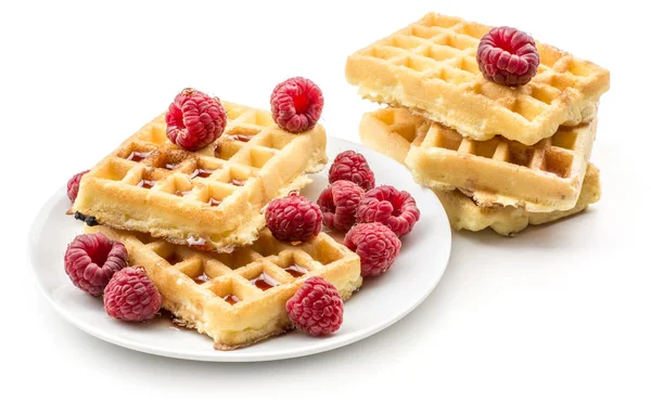 Traditionelle Waffel Belgisch Mit Frischen Himbeeren Auf Einer Untertasse Und — Stockfoto