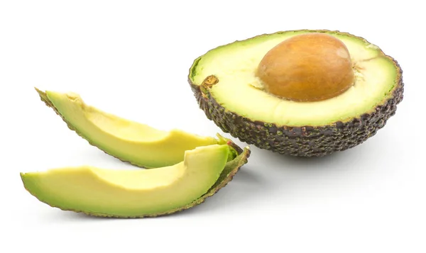 Twee Avocado Segmenten Een Groen Bruin Helft Met Een Zaadje — Stockfoto