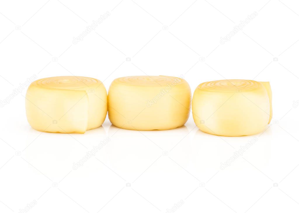 Slovak smoked cheese isolated on white background three pieces in ro
