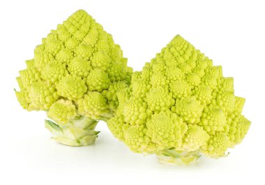 Romanesco karnabahar veya brokoli iki yeşil baş beyaz arka plan üzerinde izole
