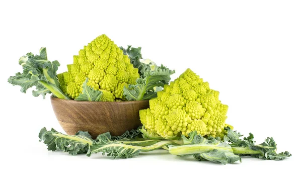 Romanesco Cauliflower Broccoli Wooden Bowl Isolated White Background Two Green — Stock Photo, Image