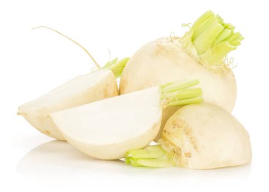 Bir ampul beyaz turp ayarla ve üç adet beyaz adam izole kesmek