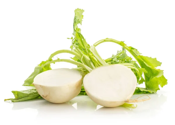 Sliced White Radish Fresh Leaves Isolated White Background Two Section — Stock Photo, Image