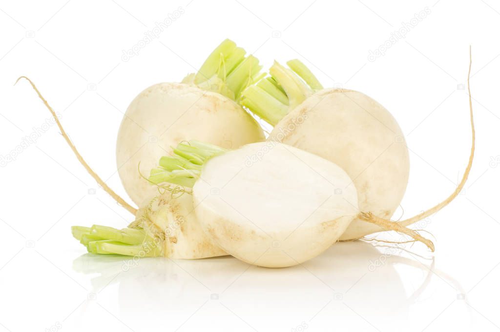 White radish set two bulbs and one half isolated on white backgroun