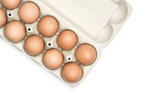 Коричневые Куриные Яйца Серой Коробке Вид Сверху Изолирован Белом Фоне — стоковое фото