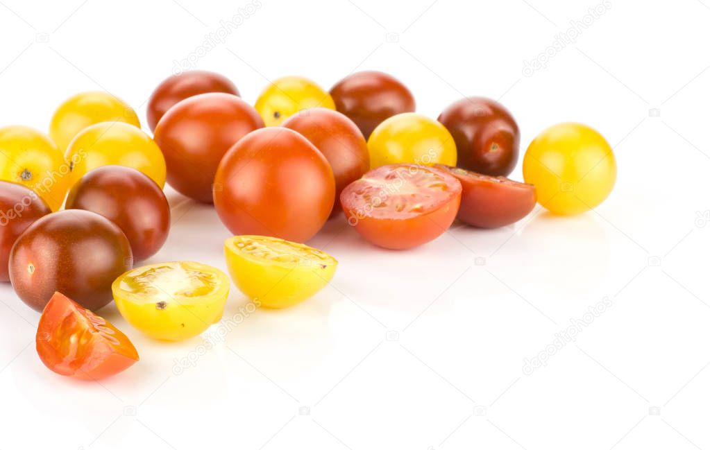 Grape cherry tomatoes mix stack isolated on white background red black yellow collectio