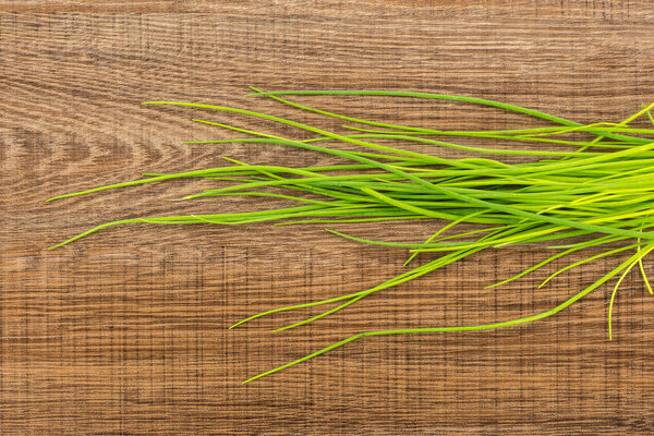 Fresh chives table top isolated on brown wood background grass-like leave