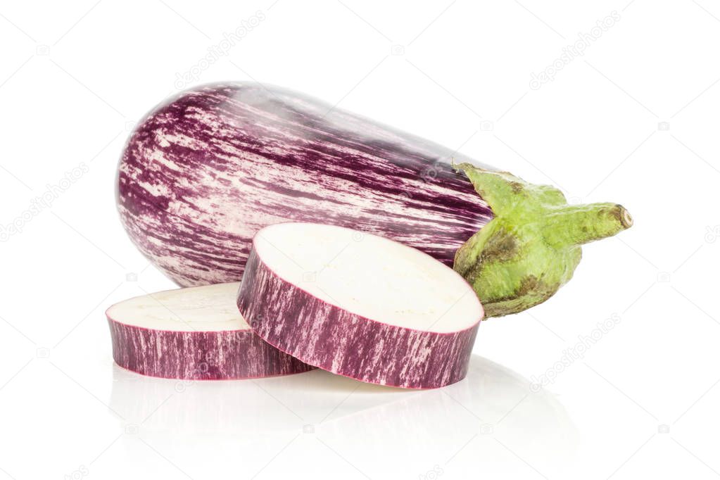 One striped purple eggplant and two sliced rings isolated on white backgroun