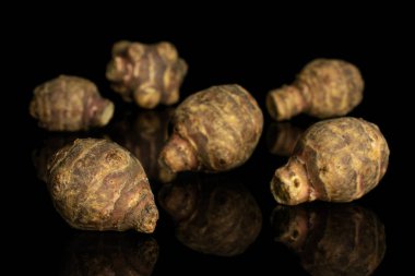 Taze kahverengi Kudüs enginarı siyah camda izole edilmiş.