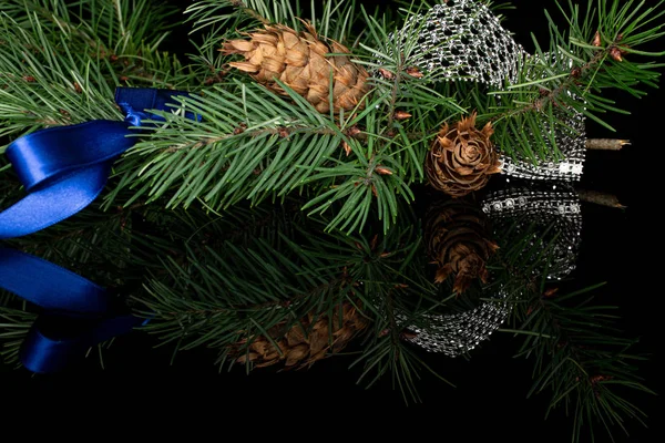Ramo de árvore de Natal isolado em vidro preto — Fotografia de Stock