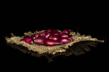 Küçük kırmızı soğan soğanı siyah camda izole edilmiş.